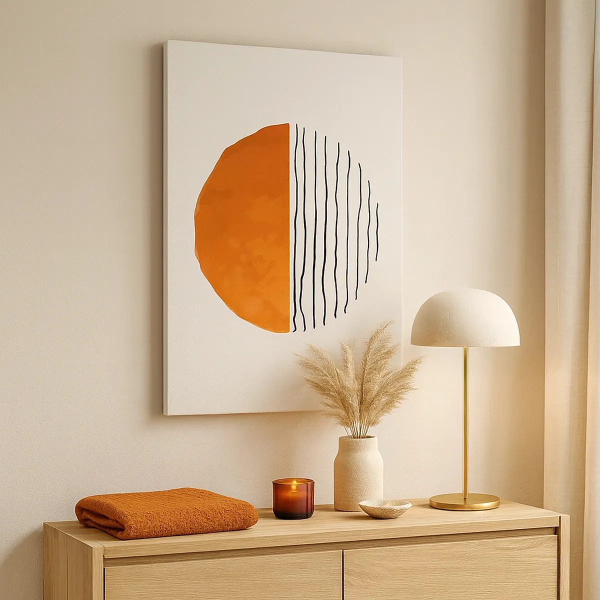 Bild auf Leinwand - Leinwandbild - Ein minimalistischer Sonnenuntergang über wellenartigen Linien - 50x70cm - Im japanischen Klima - Moderne Wanddekoration für Wohnzimmer und Schlafzimmer ARTTOR
