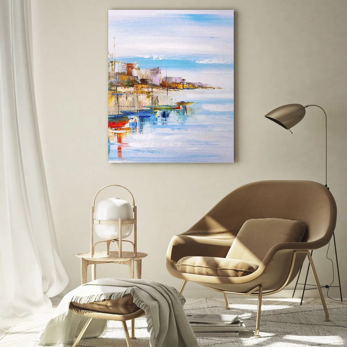 Glasbild - Bild auf glas - Bunte Boote liegen am Stadtkai fest - 50x70cm - Bunte urbane Oase - Moderne Wanddekoration für Wohnzimmer und Schlafzimmer ARTTOR