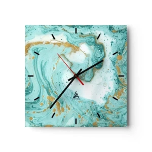 Wanduhr - Glasuhr - Türkisfarbener Marmor mit goldenen Akzenten in einer abstrakten Komposition - 30x30cm - Unter der großen Welle der Edo-Ära - Moderne Wanddekoration für Wohnzimmer und Schlafzimmer ARTTOR