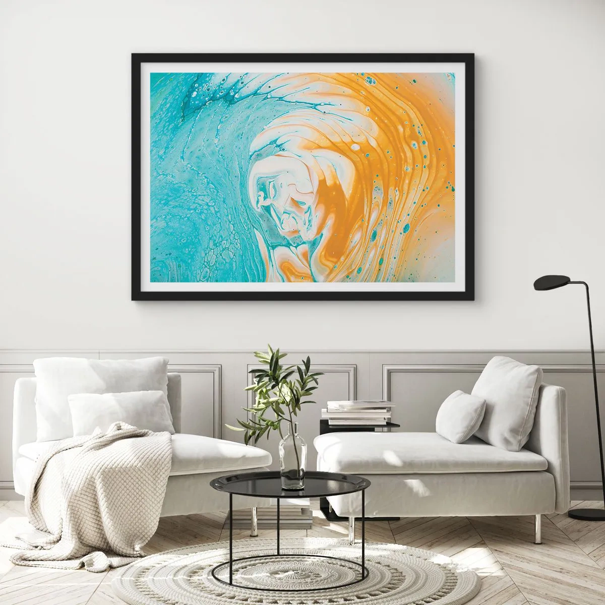 Poster in einem schwarzem Rahmen - Abstrakte Wellen in Blau- und Goldtönen auf Leinwand - 70x50cm - Pastellwirbel - Moderne Wanddekoration für Wohnzimmer und Schlafzimmer ARTTOR