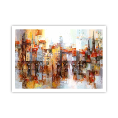 Poster - Ein malerisches Panorama der Stadt mit einer Brücke in Herbstfarben - 100x70cm - Schön ist es auch unter der Brücke - Moderne Wanddekoration für Wohnzimmer und Schlafzimmer ARTTOR