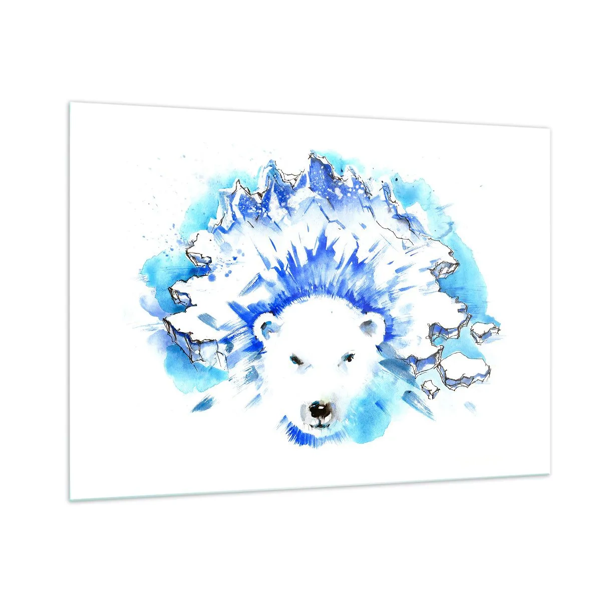 Glasbild - Bild auf glas - Ein Eisbär vor dem Hintergrund eisiger Berge in Blautönen. - 100x70cm - Der König der Arktis in einer Eiskrone - Moderne Wanddekoration für Wohnzimmer und Schlafzimmer ARTTOR