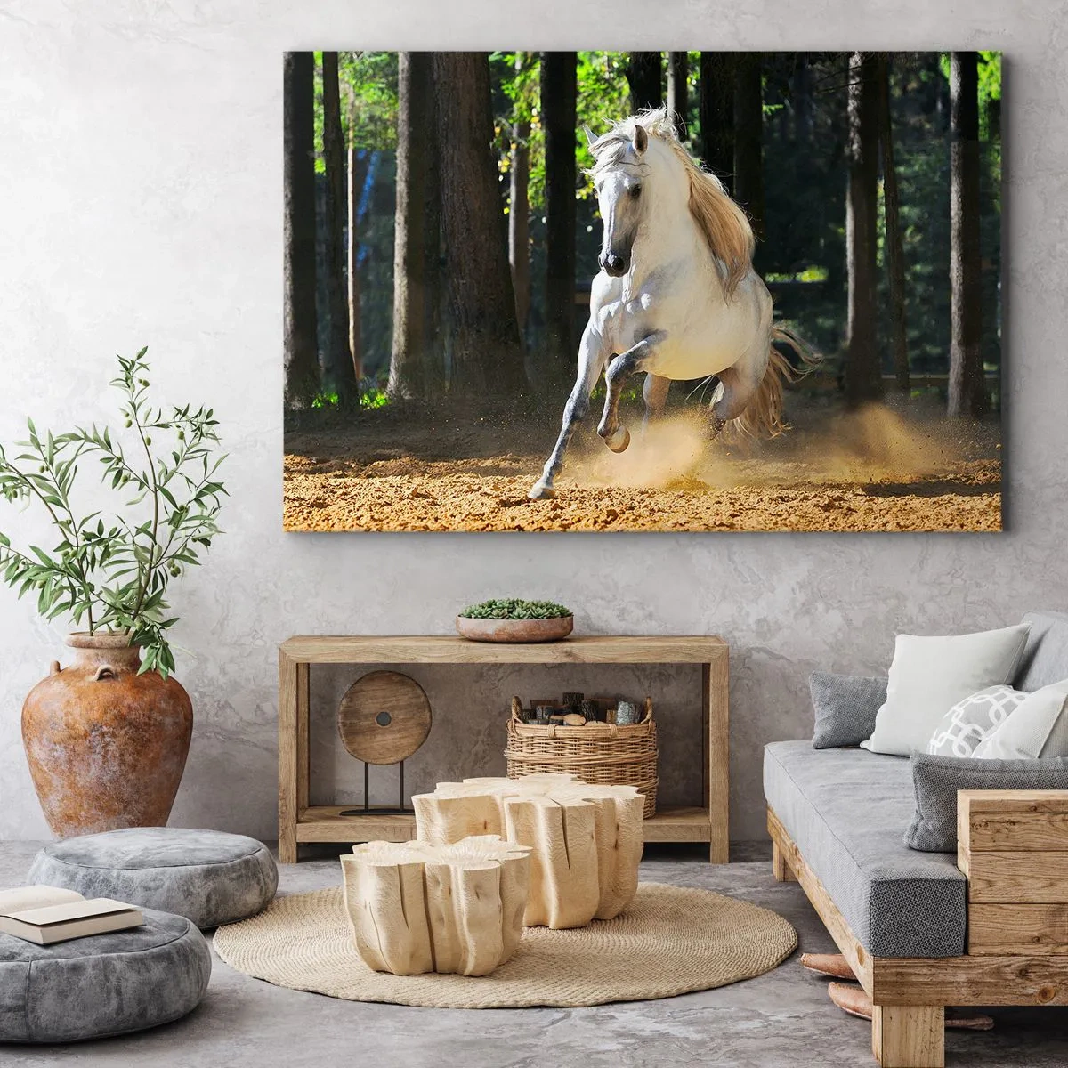 Bild auf Leinwand - Leinwandbild - Ein weißes Pferd galoppiert durch eine Waldlichtung - 70x50cm - Wie aus einem Fantasy-Roman - Moderne Wanddekoration für Wohnzimmer und Schlafzimmer ARTTOR