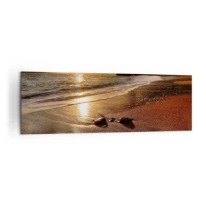 Bild auf Leinwand - Leinwandbild - Strand bei Sonnenuntergang mit Steinen am Ufer - 160x50cm - Folge der Sonne zu den Hügeln - Moderne Wanddekoration für Wohnzimmer und Schlafzimmer ARTTOR