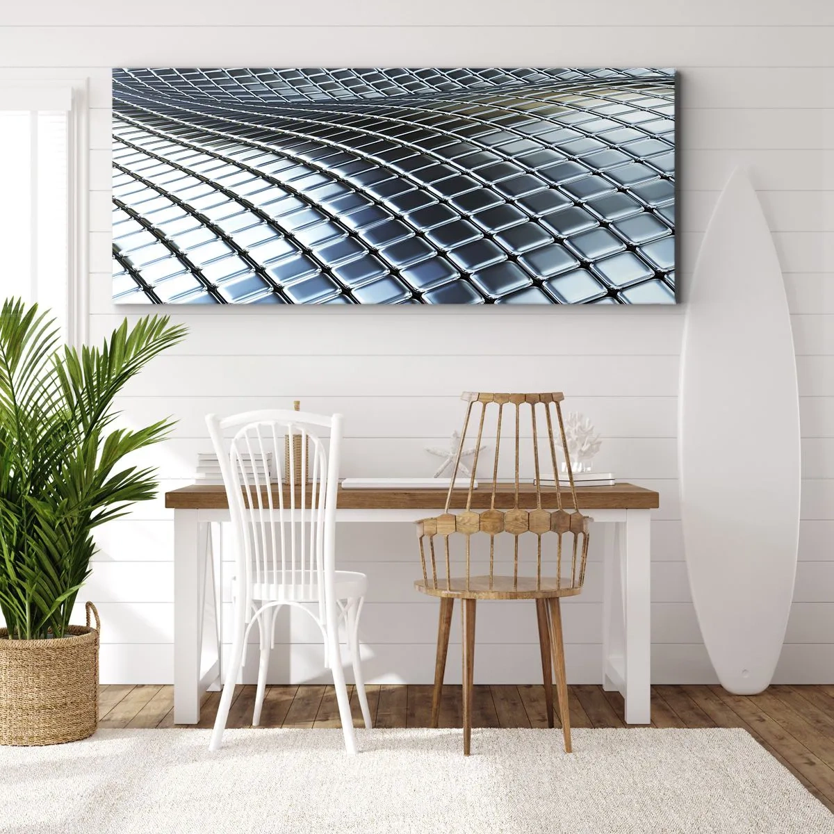 Bild auf Leinwand - Leinwandbild - Moderne Struktur aus metallischen Quadraten - 140x50cm - Metallische silberne Welle - Moderne Wanddekoration für Wohnzimmer und Schlafzimmer ARTTOR