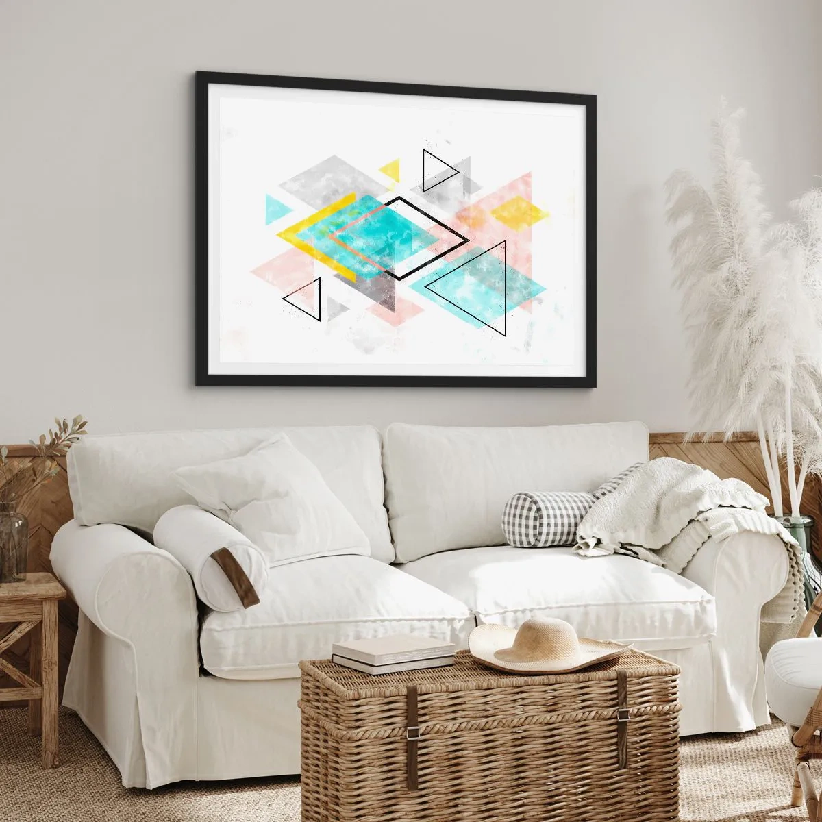 Poster in einem schwarzem Rahmen - Bunte geometrische Muster auf weißem Hintergrund - 70x50cm - Geometrisches Spiel - Moderne Wanddekoration für Wohnzimmer und Schlafzimmer ARTTOR