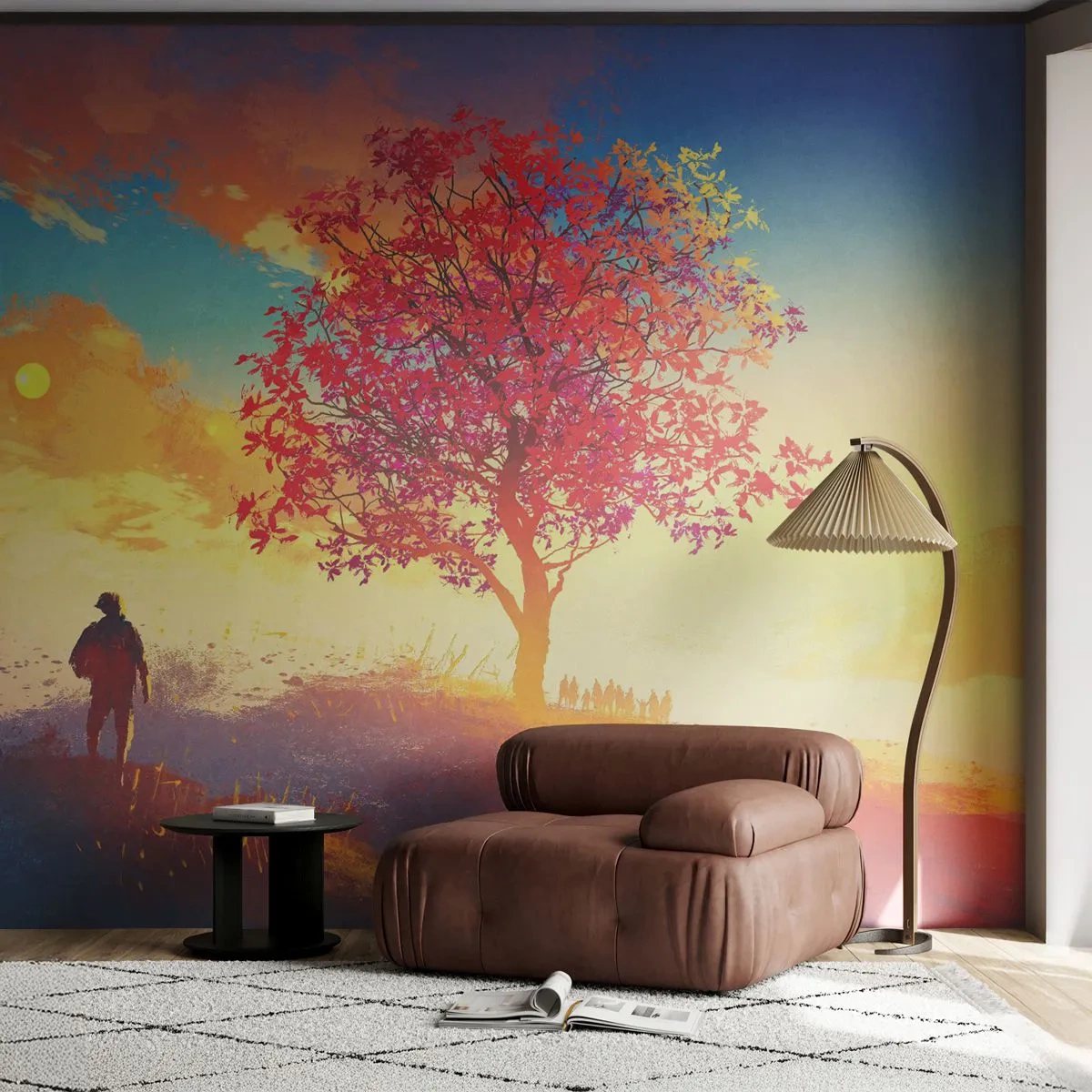 Selbstklebende Fototapete Deluxe Sticker - Pilger am Ziel - Landschaft, Baum, Wanderer - 500x350 cm
