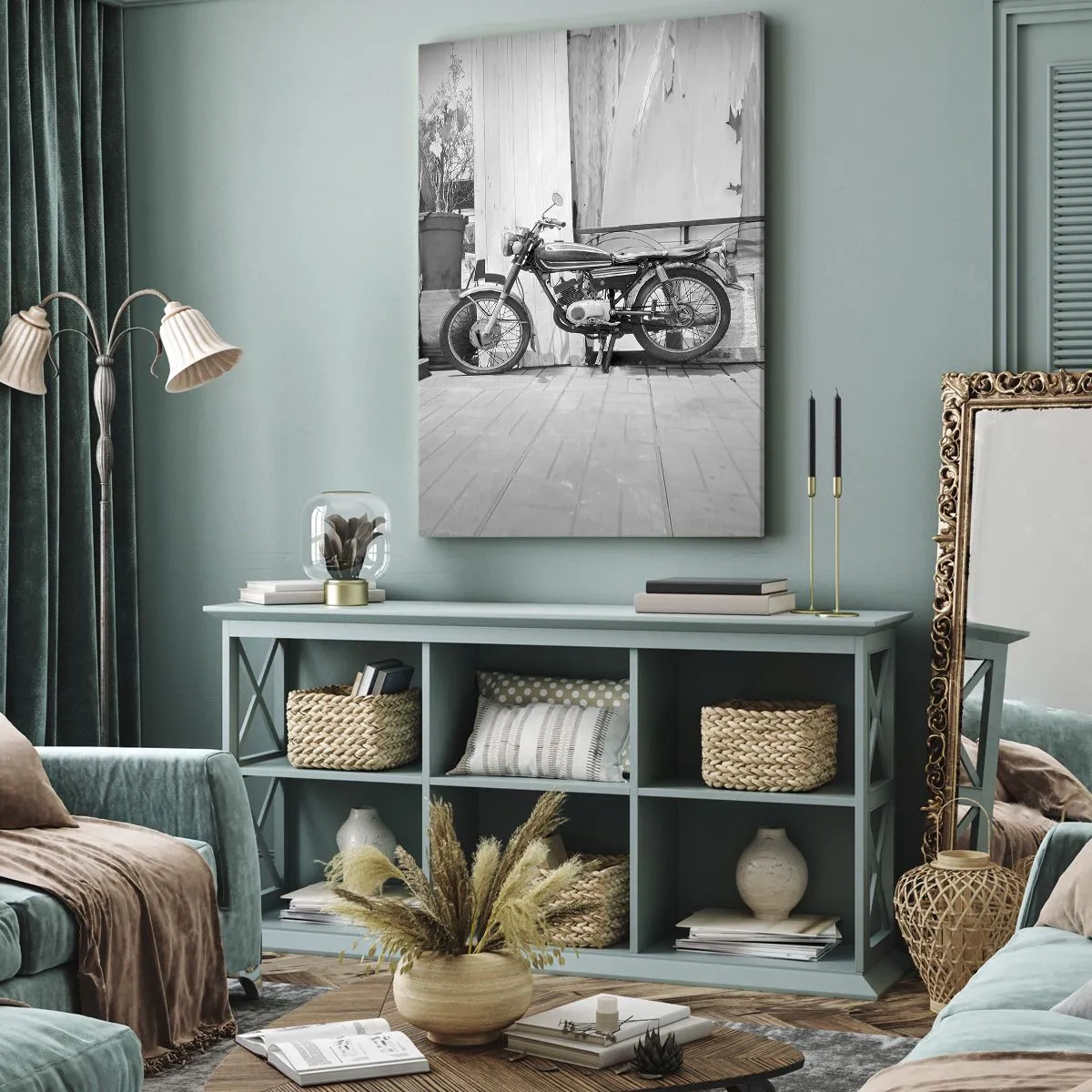 Bild auf Leinwand - Leinwandbild - Schwarz-Weiß-Foto eines klassischen Motorrads - 80x120cm - Klassik über alles - Moderne Wanddekoration für Wohnzimmer und Schlafzimmer ARTTOR