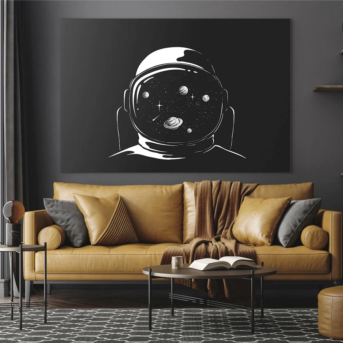 Glasbild - Bild auf glas - Astronaut mit Sternen und Planeten in seinem Helm auf schwarzem Hintergrund - 120x80cm - Schöne Aussicht - Moderne Wanddekoration für Wohnzimmer und Schlafzimmer ARTTOR