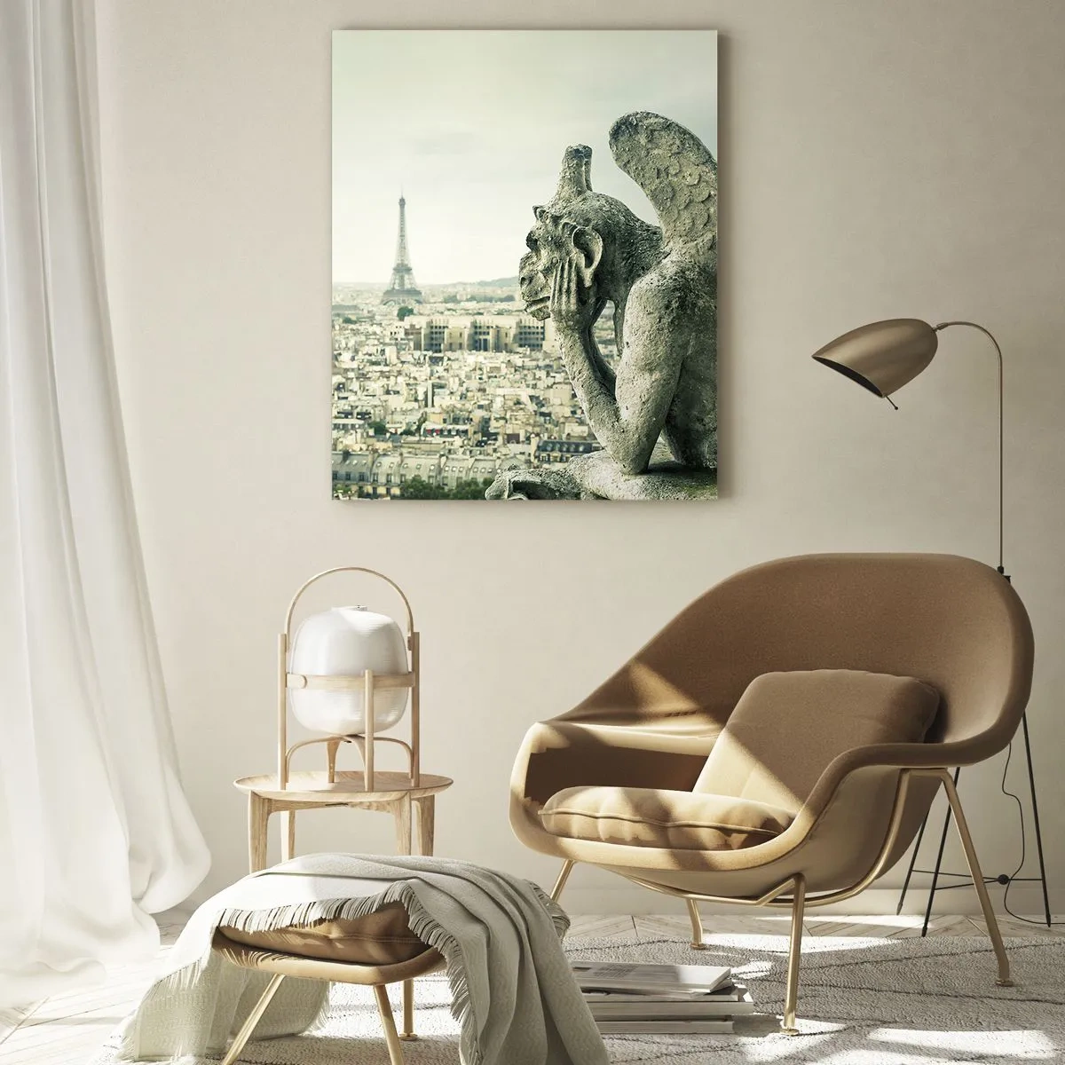 Glasbild - Bild auf glas - Wasserspeier über Paris mit Blick auf den Eiffelturm - 50x70cm - Pariser Plaudern - Moderne Wanddekoration für Wohnzimmer und Schlafzimmer ARTTOR