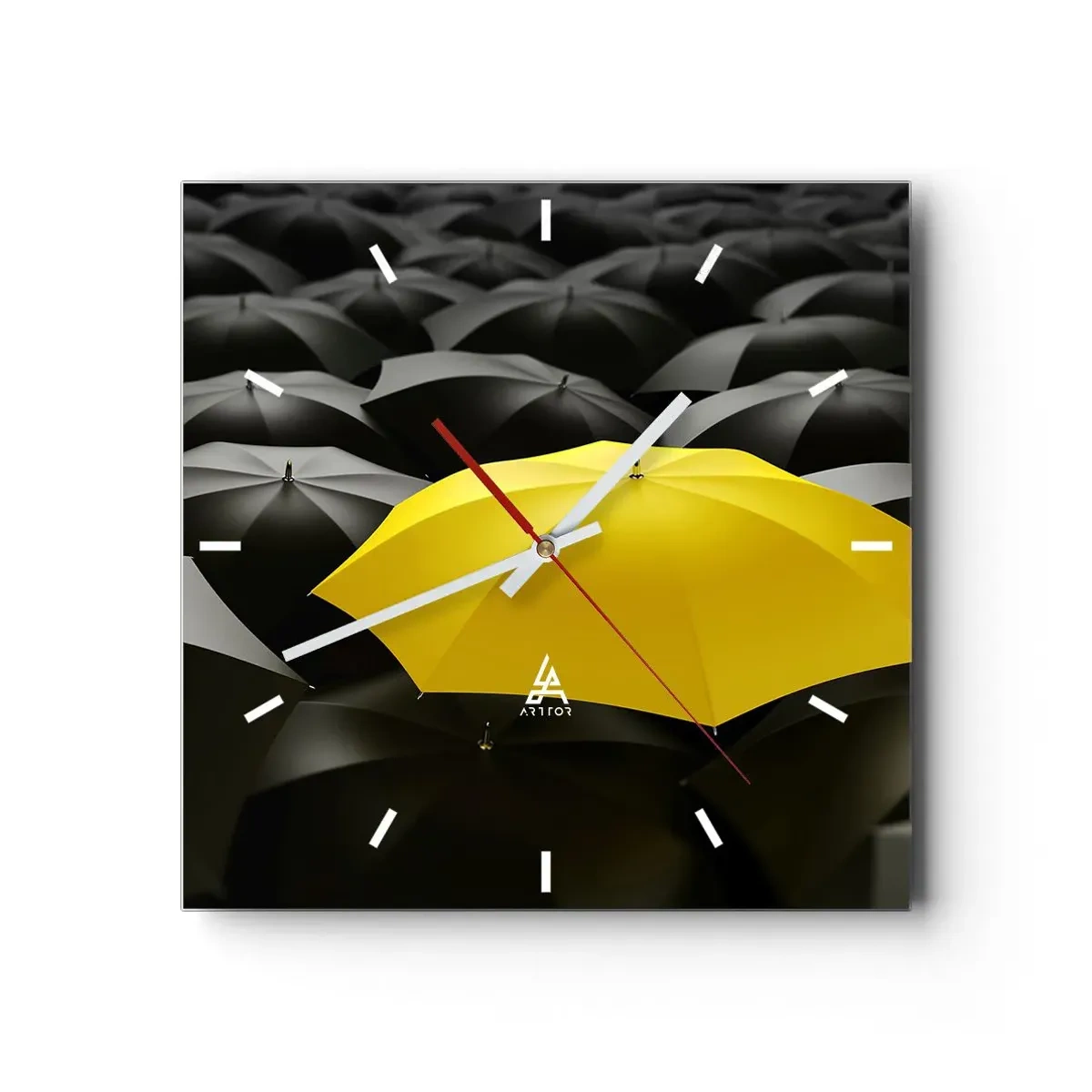 Wanduhr - Glasuhr - Ein gelber Regenschirm zwischen schwarzen Regenschirmen - 30x30cm - Auf Wiedersehen Trauer - Moderne Wanddekoration für Wohnzimmer und Schlafzimmer ARTTOR