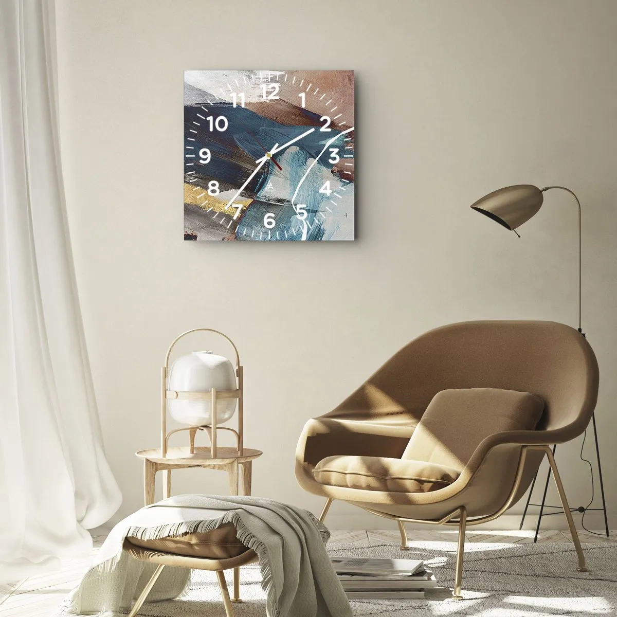 Wanduhr - Glasuhr - Abstrakte Pinselstriche in Blau- und Goldtönen - 30x30cm - Großzügig und mit Energie - Moderne Wanddekoration für Wohnzimmer und Schlafzimmer ARTTOR