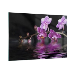 Glasbild - Bild auf glas - Lila Orchideen spiegeln sich im Wasser - 100x70cm - Lila Spiegelbild der Schönheit - Moderne Wanddekoration für Wohnzimmer und Schlafzimmer ARTTOR