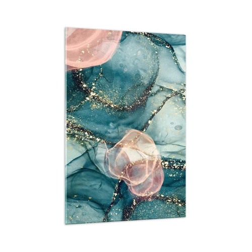 Glasbild - Bild auf glas - Eine abstrakte Komposition in Türkis- und Goldtönen. - 70x100cm - Seidenblau, Tüllrosa - Moderne Wanddekoration für Wohnzimmer und Schlafzimmer ARTTOR