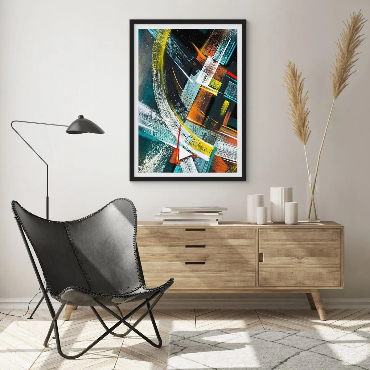 Poster in einem schwarzem Rahmen - Abstraktion in intensiven Farben mit geometrischen Formen - 50x70cm - Energie der Bewegung - Moderne Wanddekoration für Wohnzimmer und Schlafzimmer ARTTOR