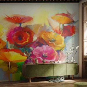 Fototapete Premium Sand - Bunte Mohnblumen in einer abstrakten Gemäldekomposition - 100x70cm - Nicht nur rot - Moderne Wanddekoration für Wohnzimmer und Schlafzimmer ARTTOR