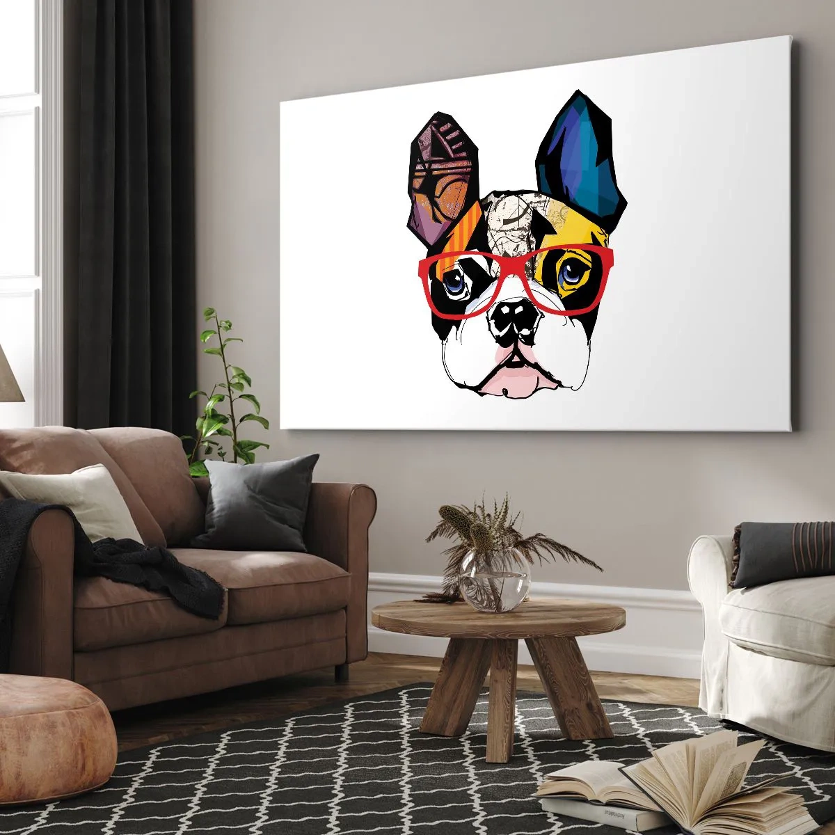 Bild auf Leinwand - Leinwandbild - Bulldogge in einer bunten Illustration mit roter Brille - 70x50cm - Intellektuelle - Moderne Wanddekoration für Wohnzimmer und Schlafzimmer ARTTOR