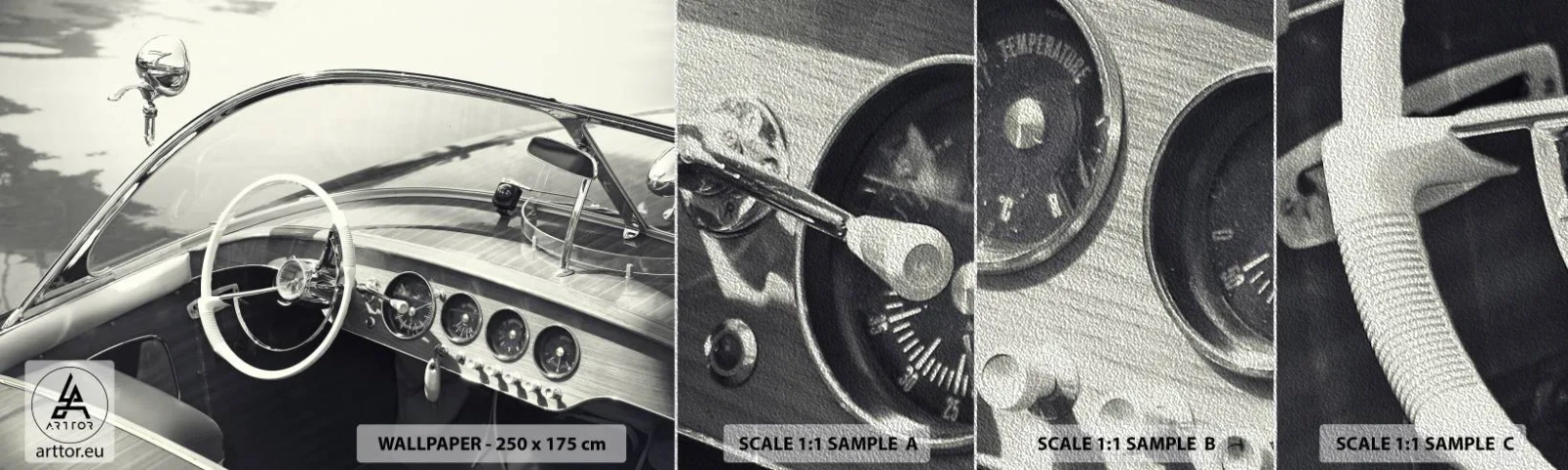 Fototapeten Muster Premium Sand - Wetter für die Reichen - Vintage-Boot, Motorboot, Schwarz und weiß - 100x30 cm