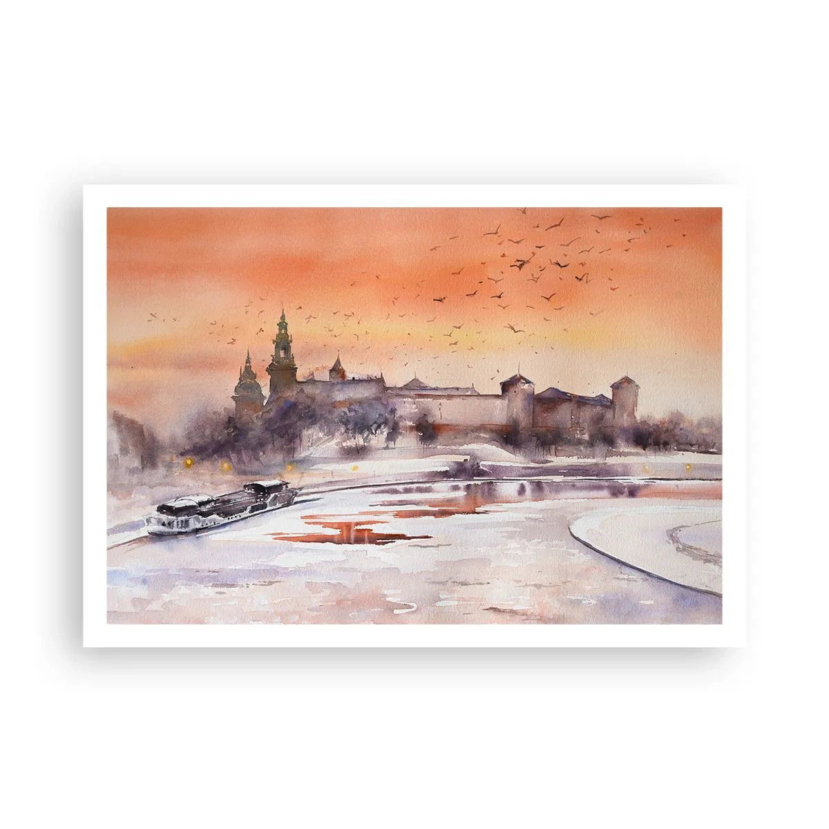 Poster - Sonnenuntergang über dem Schloss in einer Winterlandschaft - 100x70cm - Königlicher Sonnenuntergang - Moderne Wanddekoration für Wohnzimmer und Schlafzimmer ARTTOR