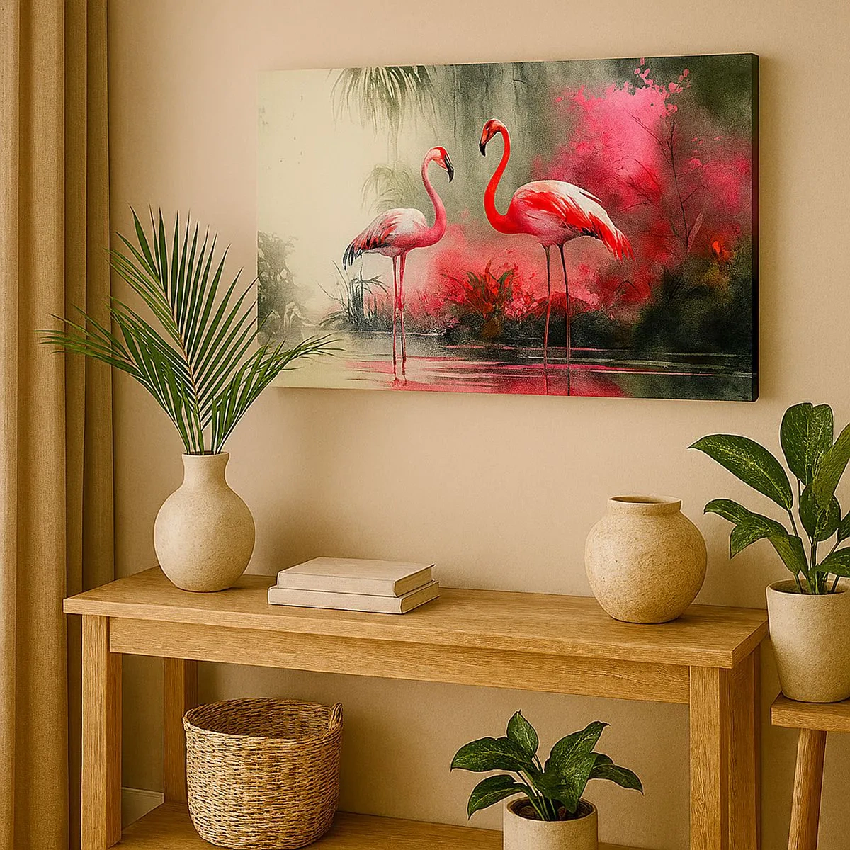 Bild auf Leinwand - Leinwandbild - Flamingos am Wasser, umgeben von Vegetation - 70x50cm - Lektion in natürlicher Anmut - Moderne Wanddekoration für Wohnzimmer und Schlafzimmer ARTTOR