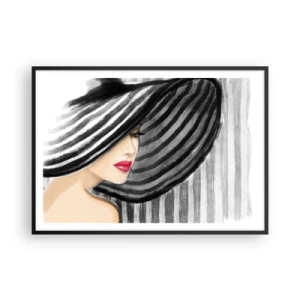 Poster in einem schwarzem Rahmen - Frau trägt einen schwarz-weißen Hut mit rotem Akzent - 100x70cm - Wo soll ich dich finden? - Moderne Wanddekoration für Wohnzimmer und Schlafzimmer ARTTOR