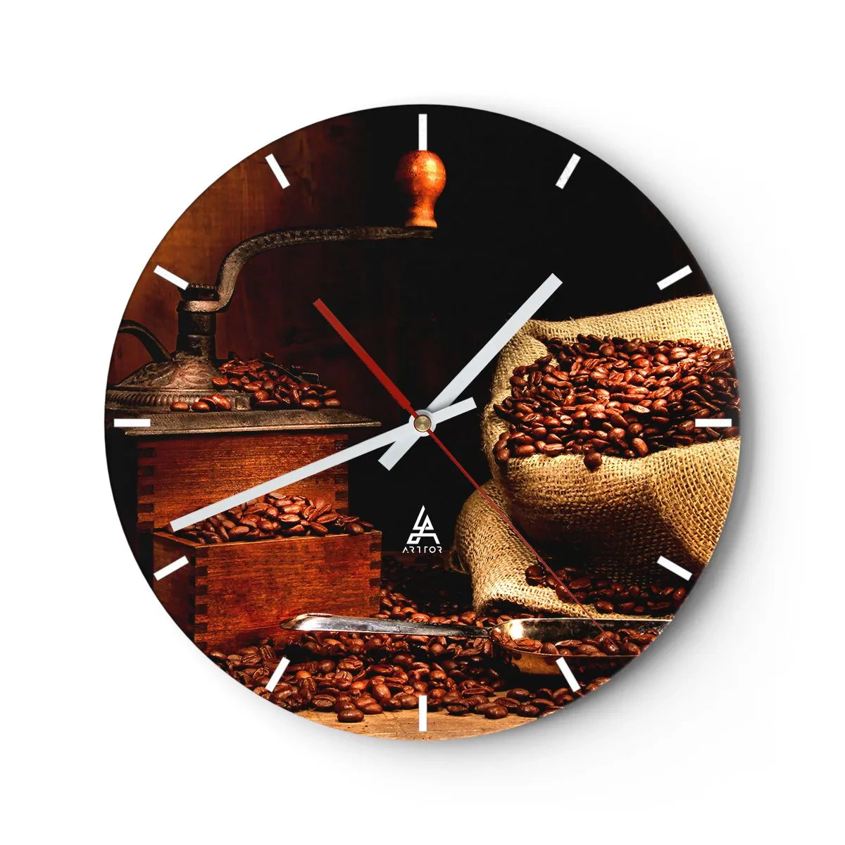Wanduhr - Glasuhr - Kaffeebohnen und eine Mühle im rustikalen Stil - 30x30cm - Stillleben mit Kaffeebohnen und einer Mühle - Moderne Wanddekoration für Wohnzimmer, Küche und Schlafzimmer ARTTOR