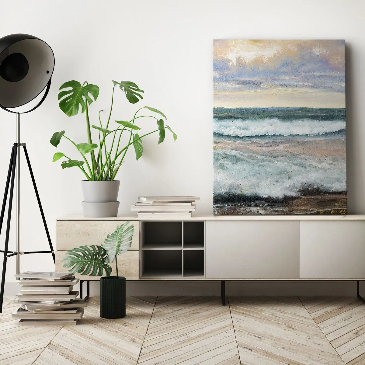 Bild auf Leinwand - Leinwandbild - Meereswellen vor einem bewölkten Himmel bei Sonnenuntergang - 50x70cm - Hier werden Sie Ihre Seele baumeln lassen - Moderne Wanddekoration für Wohnzimmer und Schlafzimmer ARTTOR