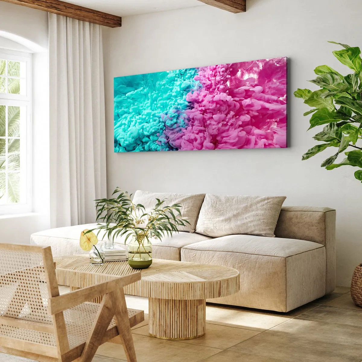 Bild auf Leinwand - Leinwandbild - Bunte Wellen aus Türkis und Pink in abstrakter Form - 160x50cm - Letzte Begegnung - Moderne Wanddekoration für Wohnzimmer und Schlafzimmer ARTTOR