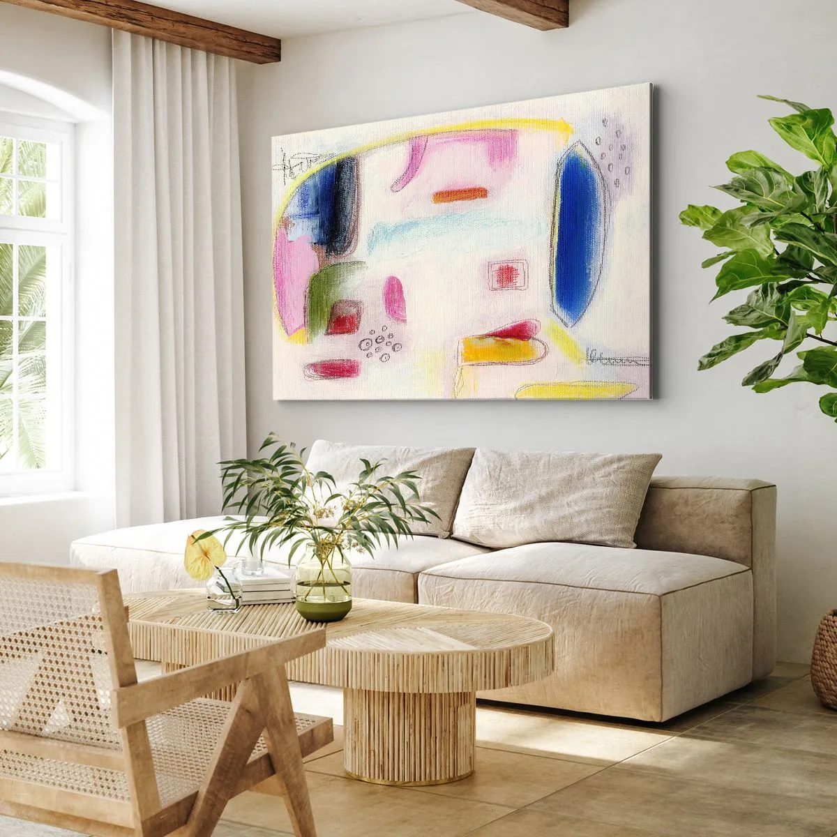 Bild auf Leinwand - Leinwandbild - Bunte abstrakte Formen auf hellem Hintergrund - 70x50cm - Eher konvex als konkav oder flach - Moderne Wanddekoration für Wohnzimmer und Schlafzimmer ARTTOR