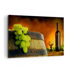 Bild auf Leinwand - Leinwandbild - Trauben auf einem Weinfass mit warmer Farbgebung im Hintergrund - 120x80cm - Stillleben mit einer Flasche Wein und einer Weintraube - Moderne Wanddekoration für Wohnzimmer und Schlafzimmer ARTTOR