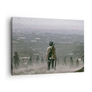 Bild auf Leinwand - Leinwandbild - Eine Gestalt mit einer Waffe steht vor einer Gruppe in einer dystopischen Landschaft. - 70x50cm - Letzter Gerechter? - Moderne Wanddekoration für Wohnzimmer und Schlafzimmer ARTTOR