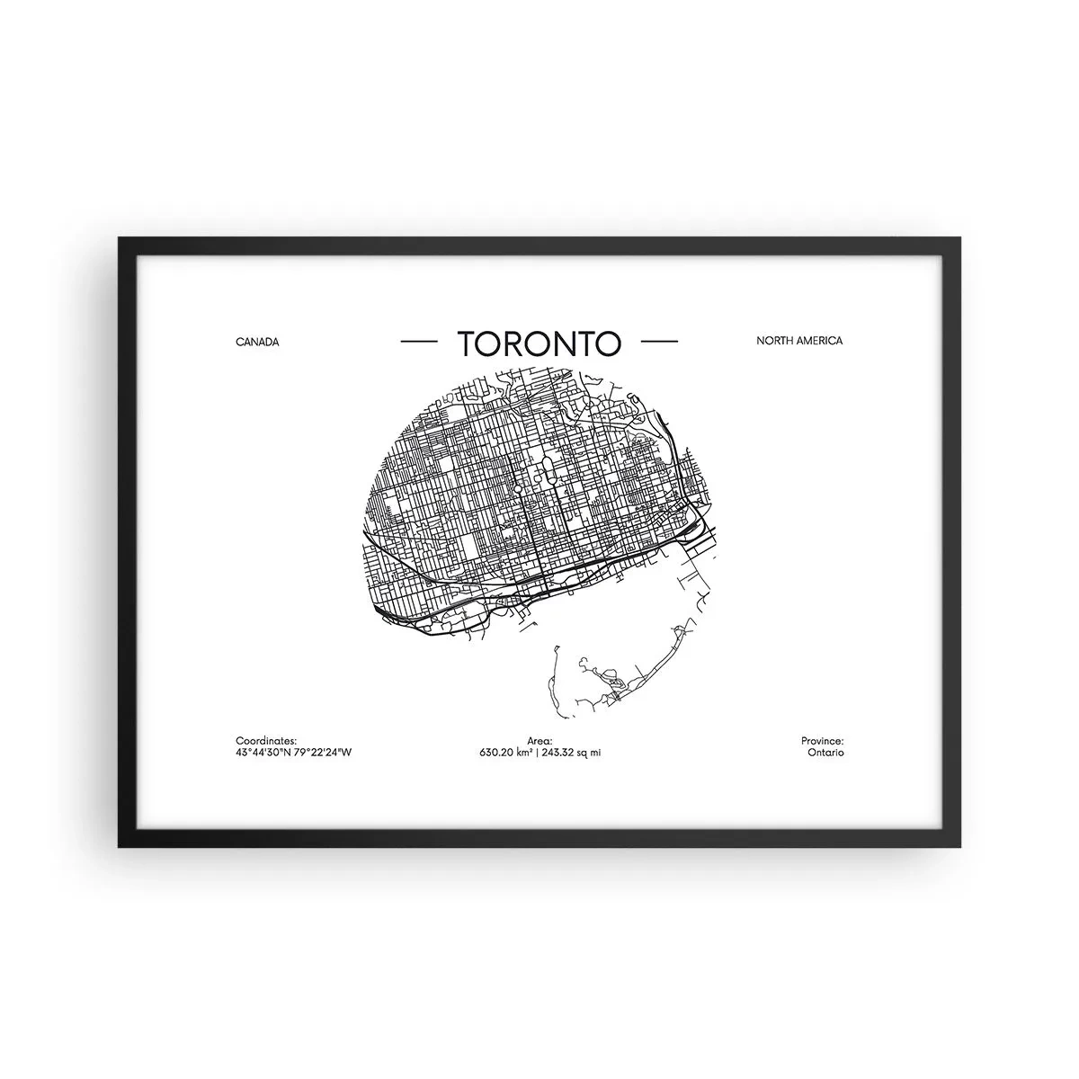 Poster in einem schwarzem Rahmen - Eine Karte von Toronto im minimalistischen Schwarz-Weiß-Stil - 70x50cm - Anatomie von Toronto - Moderne Wanddekoration für Wohnzimmer und Schlafzimmer ARTTOR