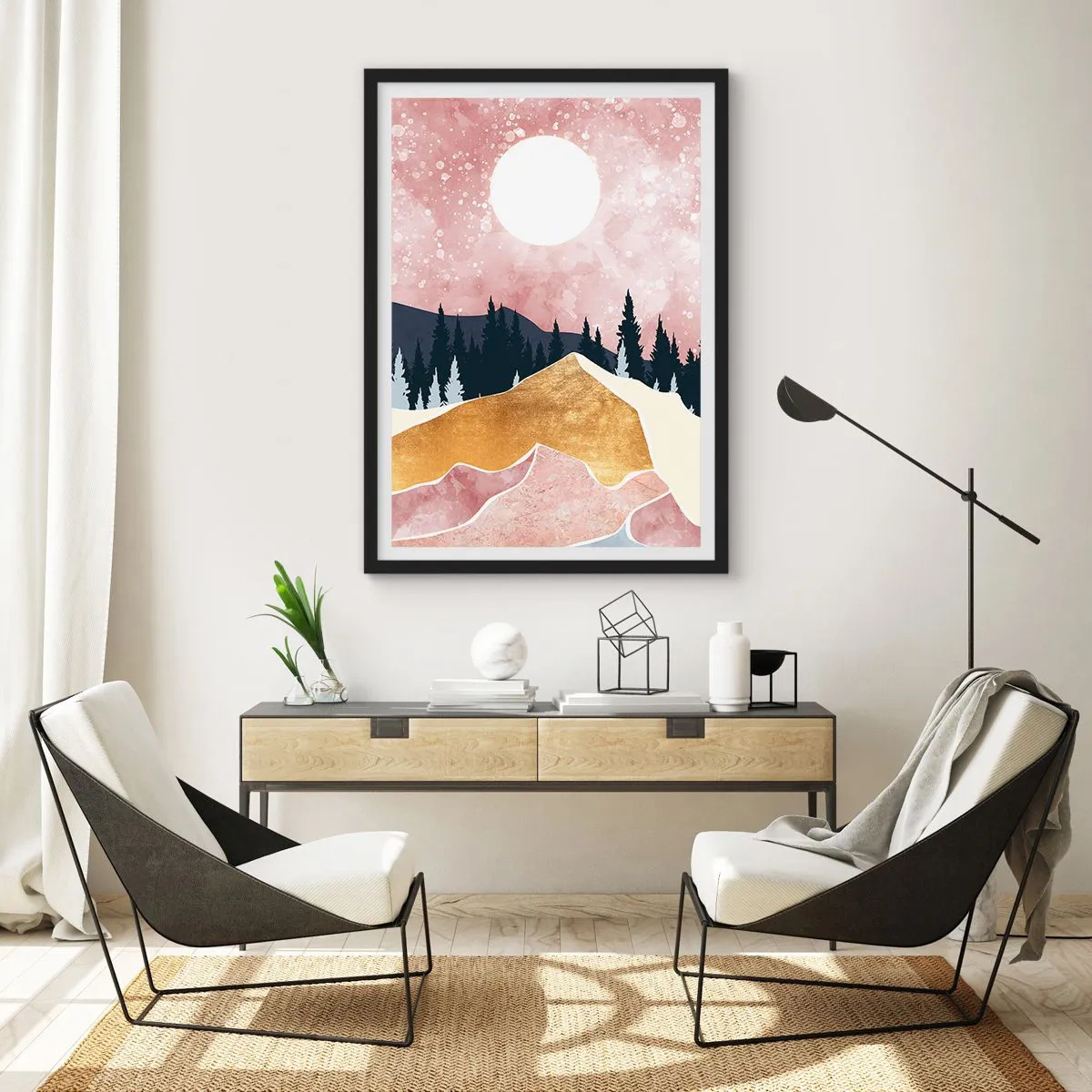 Poster in einem schwarzem Rahmen - Abstrakte Landschaft mit Wald, Bergen und goldenen Akzenten - 50x70cm - Nachtwache - Moderne Wanddekoration für Wohnzimmer und Schlafzimmer ARTTOR