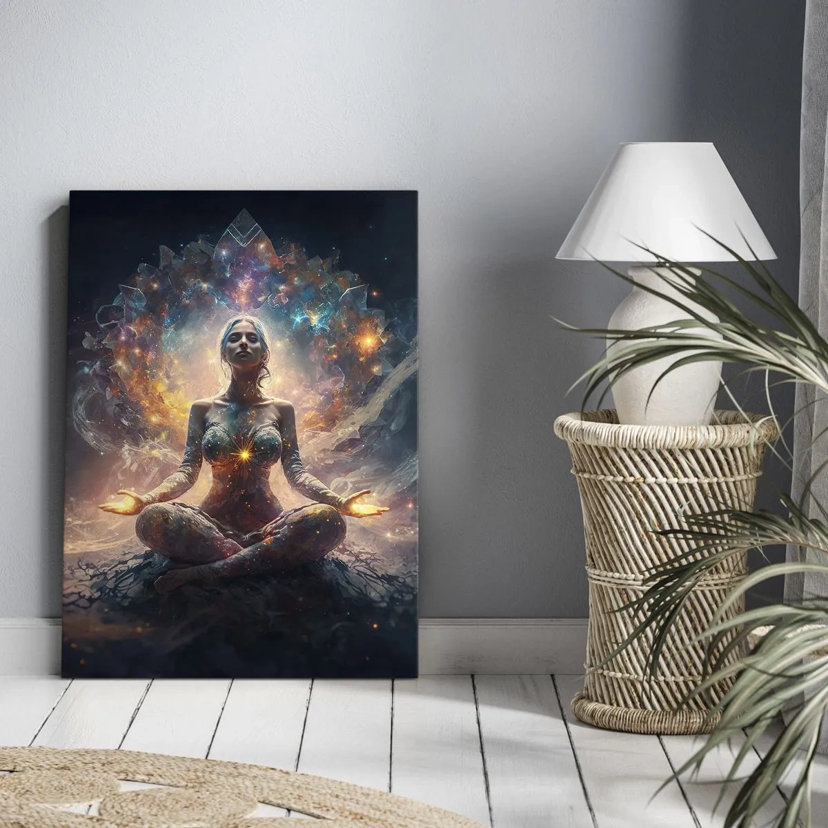 Bild auf Leinwand - Leinwandbild - Eine meditierende Figur, umgeben von energetischen Mustern und Farben. - 70x100cm - Fluss guter Energie - Moderne Wanddekoration für Wohnzimmer und Schlafzimmer ARTTOR