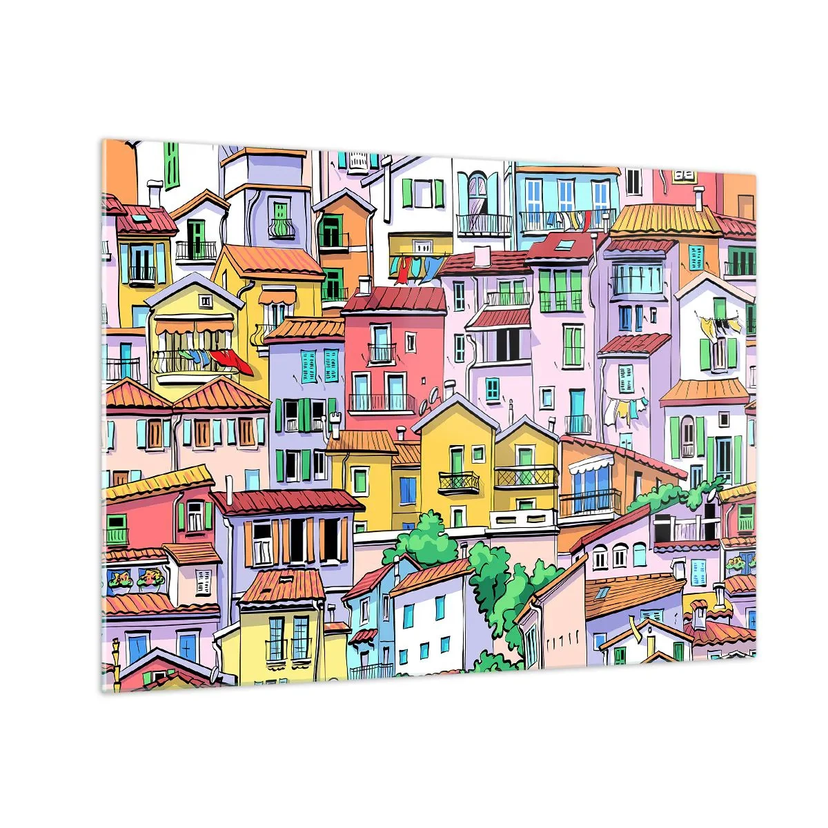 Glasbild - Bild auf glas - Bunte Mietshäuser im Cartoon-Stil, voller Details - 70x50cm - Lustige Stadt - Moderne Wanddekoration für Wohnzimmer und Schlafzimmer ARTTOR