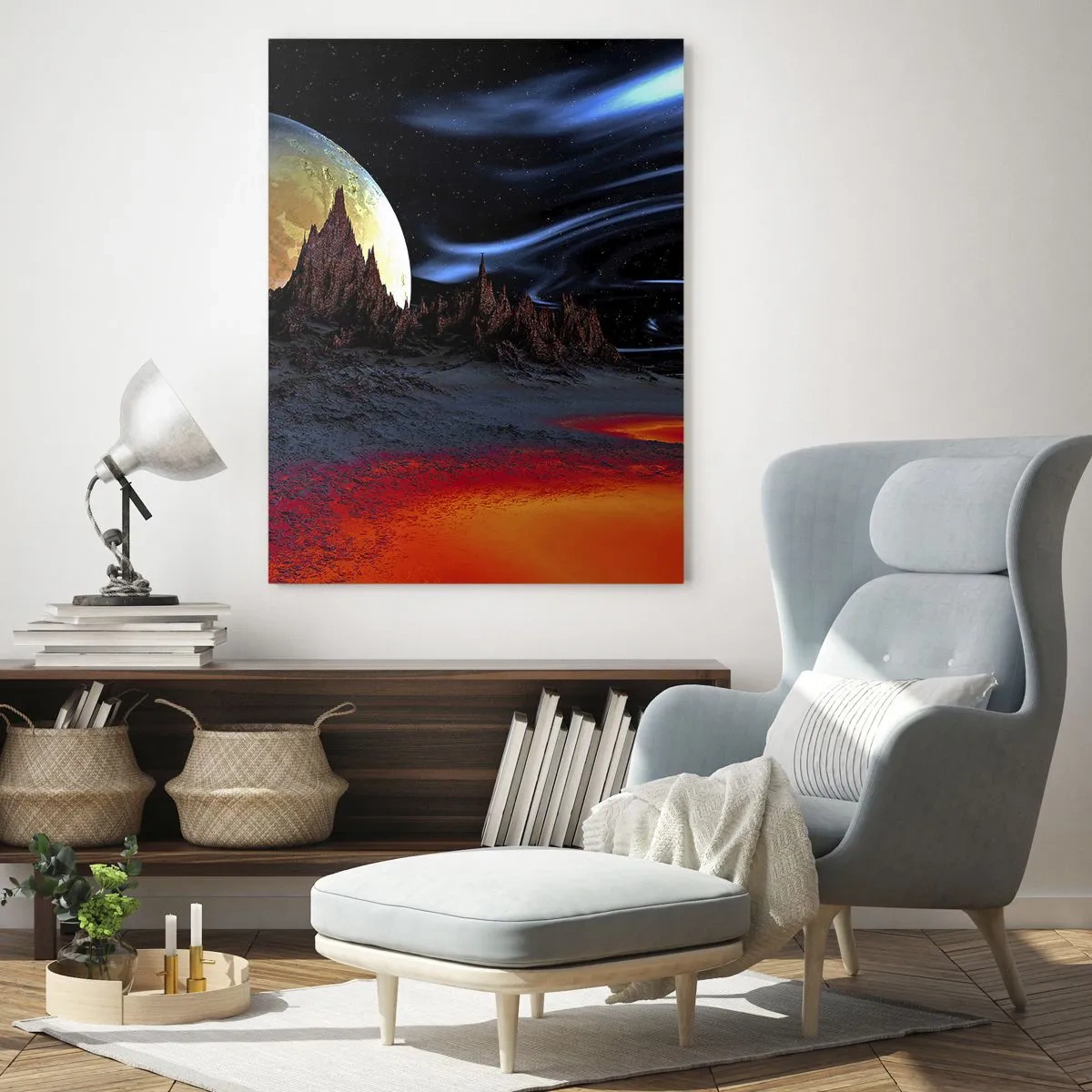 Glasbild - Bild auf glas - Eine fantastische Landschaft mit Planeten und Vulkanen - 80x120cm - Unbekannte Welt - Moderne Wanddekoration für Wohnzimmer und Schlafzimmer ARTTOR