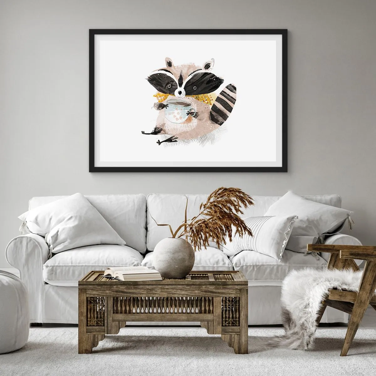 Poster in einem schwarzem Rahmen - Entzückender Waschbär mit einer pastellfarbenen Tasse - 100x70cm - Mein Freund der Waschbär - Moderne Wanddekoration für Wohnzimmer und Schlafzimmer ARTTOR