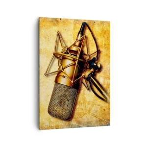 Bild auf Leinwand - Leinwandbild - Ein goldenes Studiomikrofon vor einem Vintage-Hintergrund in warmen Tönen. - 50x70cm - Die goldenen Jahre des Radios - Moderne Wanddekoration für Wohnzimmer und Schlafzimmer ARTTOR