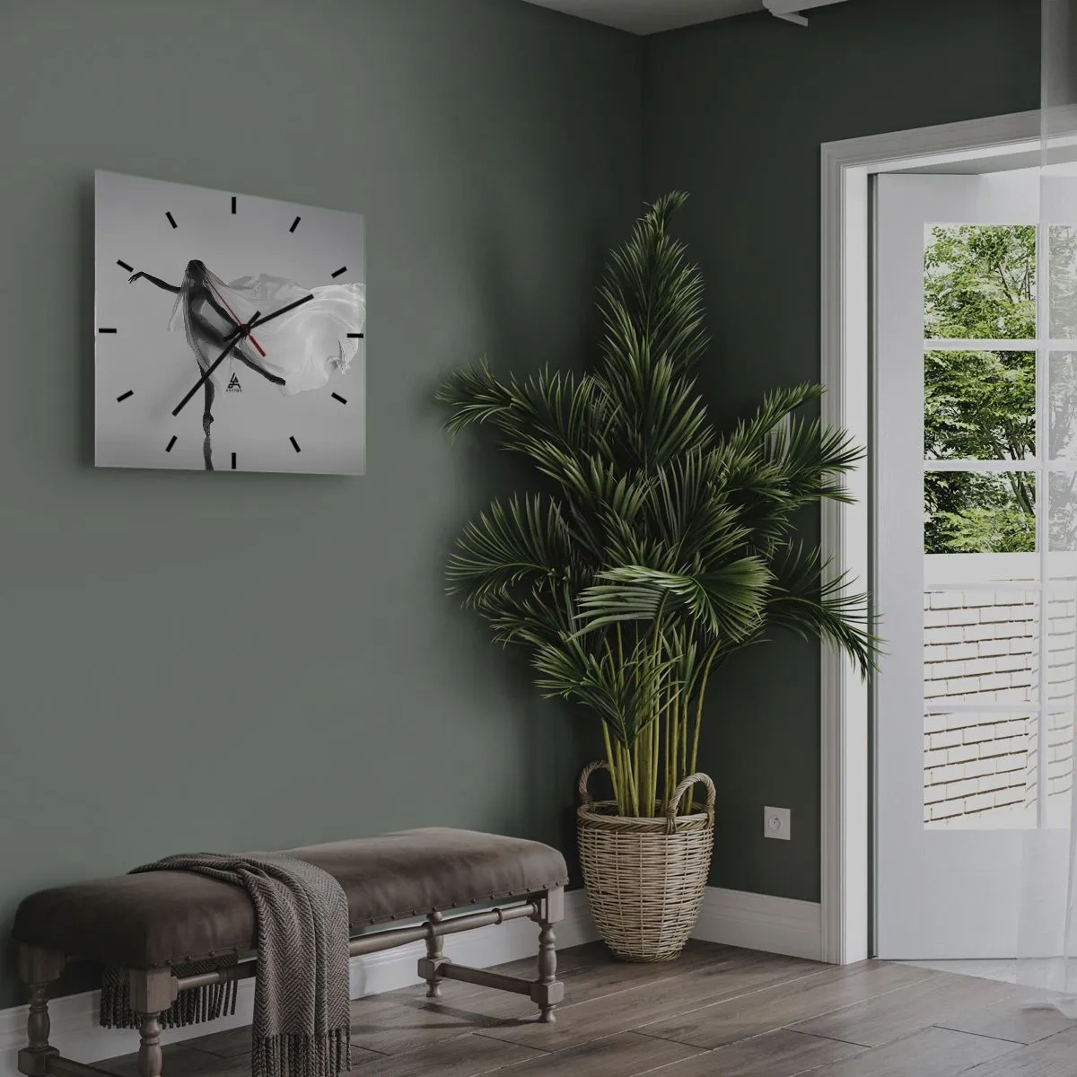 Wanduhr - Glasuhr - Eine Tänzerin in ätherischer Pose mit fließendem Stoff - 30x30cm - Leichtigkeit und Anmut - Moderne Wanddekoration für Wohnzimmer und Schlafzimmer ARTTOR