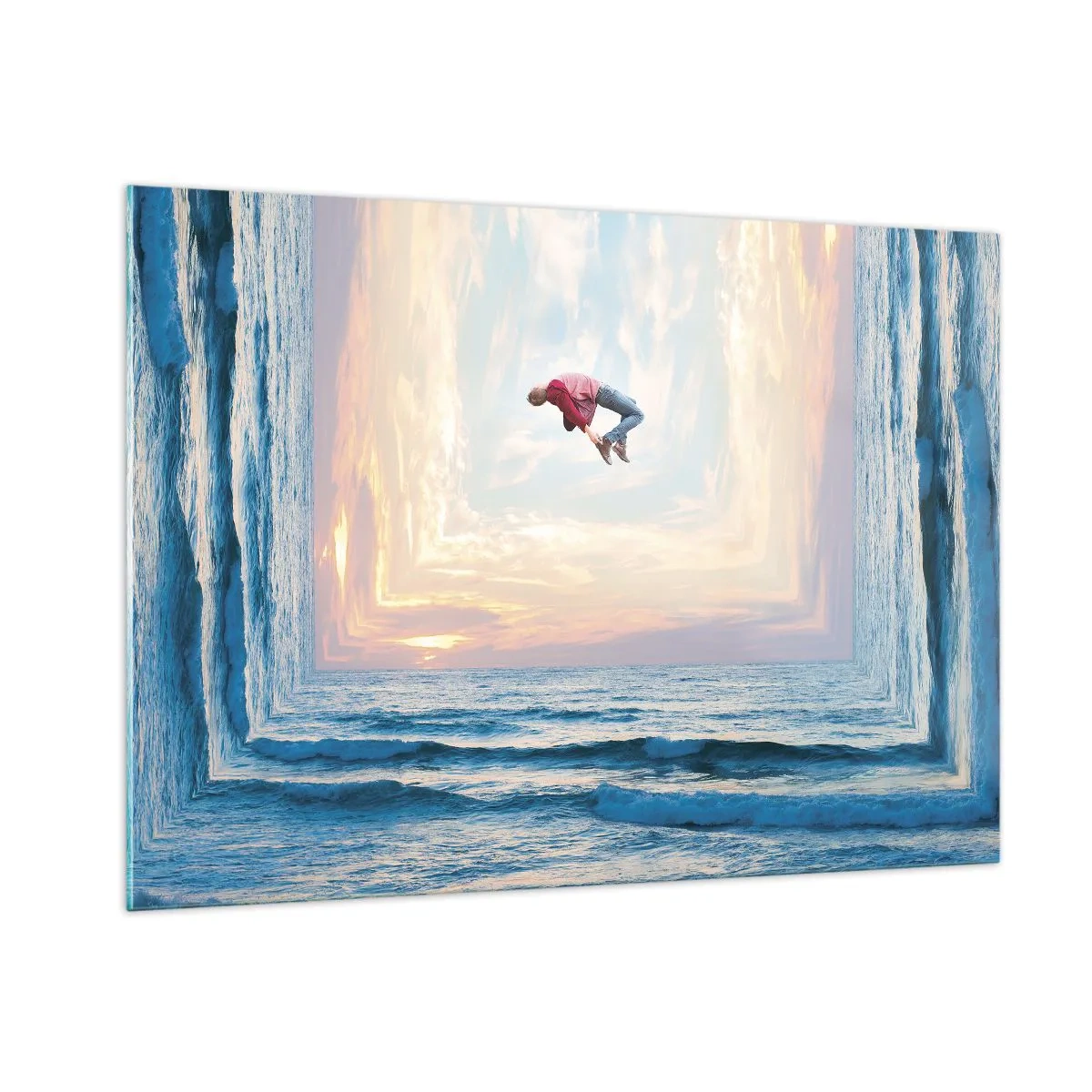Glasbild - Bild auf glas - Ein Mann springt über das Meer in einem surrealistischen Rahmen - 100x70cm - In eine andere Dimension - Moderne Wanddekoration für Wohnzimmer und Schlafzimmer ARTTOR