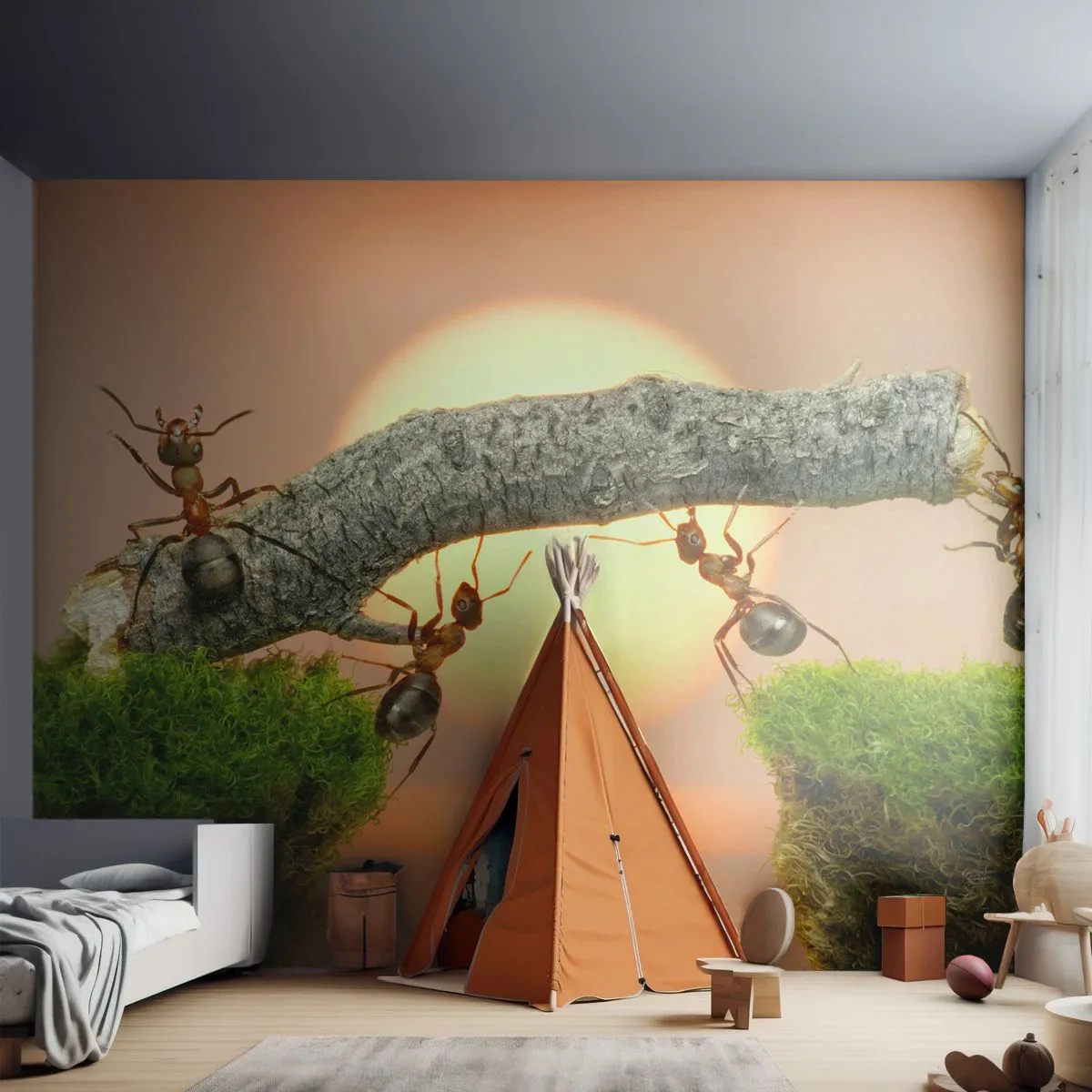 Fototapete Premium Canvas - Ameisen bauen vor dem Hintergrund der untergehenden Sonne eine Brücke aus Ästen. - 100x70cm - Glücklich, zusammen arbeiten - Moderne Wanddekoration für Wohnzimmer und Schlafzimmer ARTTOR