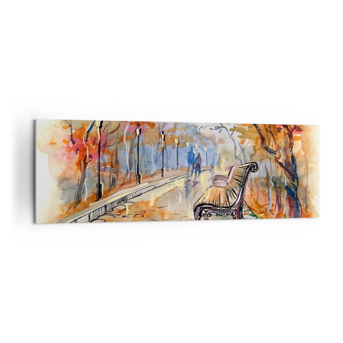 Bild auf Leinwand - Leinwandbild - Ein herbstlicher Park mit einer Bank in Aquarell - 160x50cm - Gemeinsam im Herbst wandern - Moderne Wanddekoration für Wohnzimmer und Schlafzimmer ARTTOR