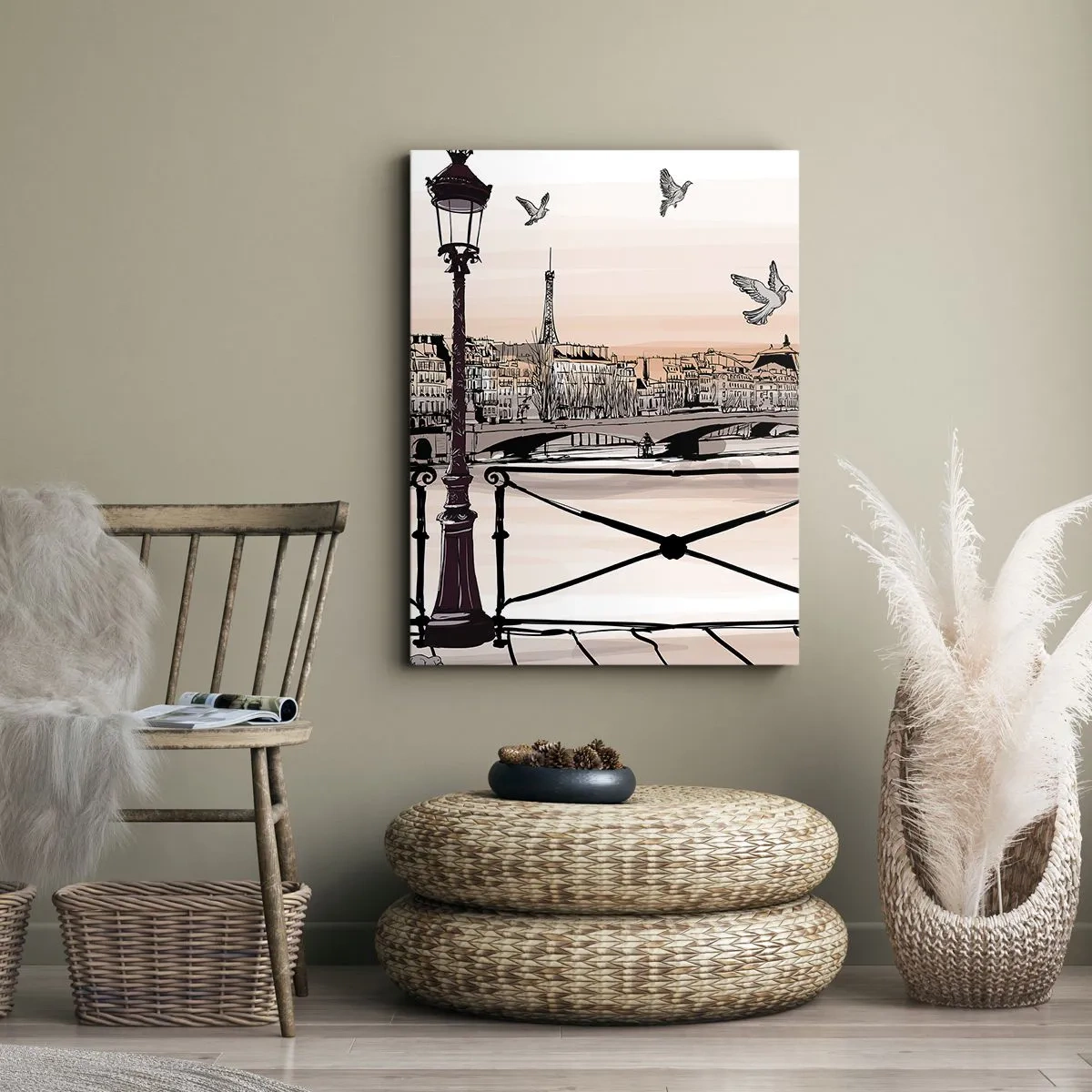 Bild auf Leinwand - Leinwandbild - Pariser Ansicht mit einer Laterne und einer Brücke - 50x70cm - Über den Dächern von Paris - Moderne Wanddekoration für Wohnzimmer und Schlafzimmer ARTTOR