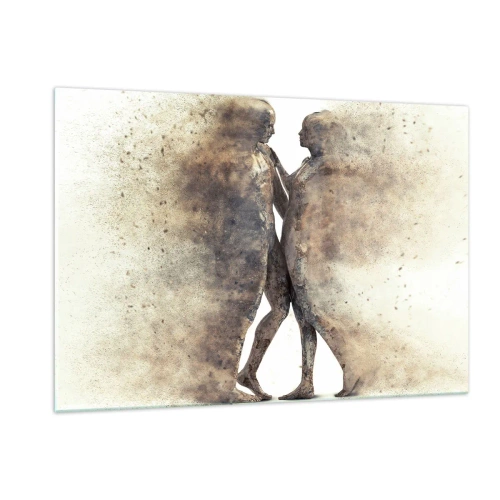 Glasbild - Bild auf glas - Abstrakte Silhouetten zweier Figuren im staubigen Stil - 120x80cm - Sie erhoben sich aus dem Staub, um zu lieben - Moderne Wanddekoration für Wohnzimmer und Schlafzimmer ARTTOR