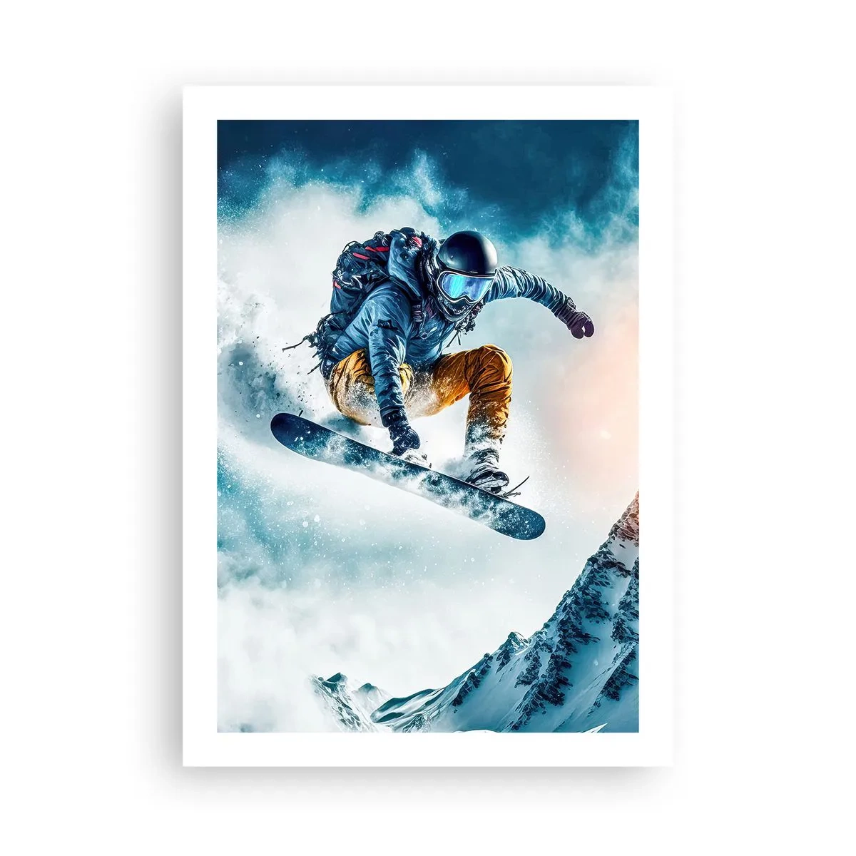 Poster - Ein Snowboarder fliegt über einen schneebedeckten Berggipfel - 50x70cm - Extreme Emotionen - Moderne Wanddekoration für Wohnzimmer und Schlafzimmer ARTTOR