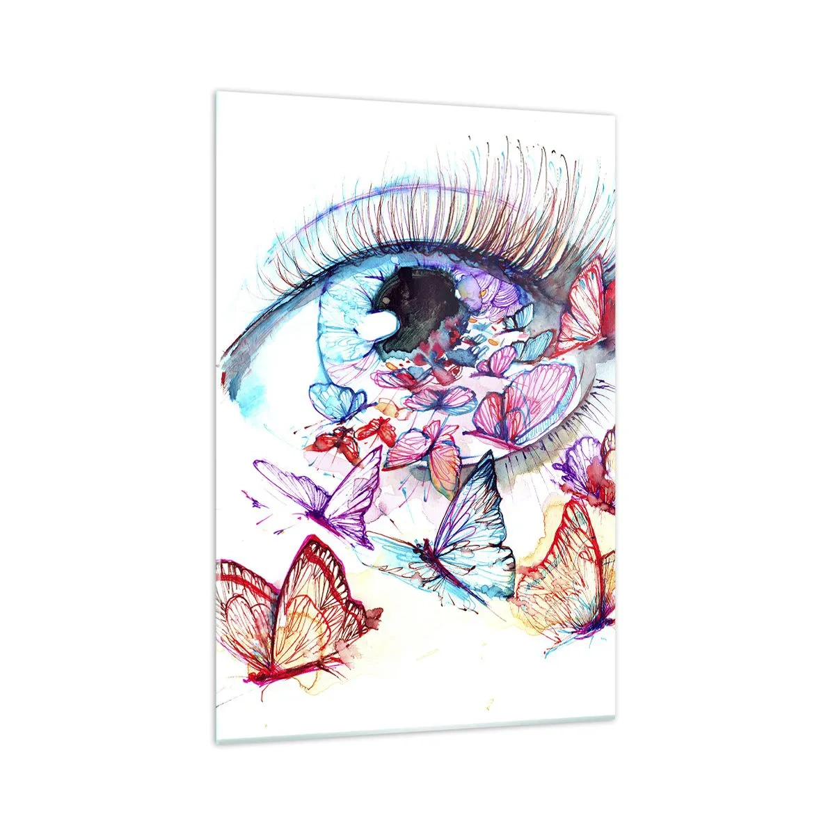 Glasbild - Bild auf glas - Ein Aquarellauge, umgeben von bunten Schmetterlingen - 70x100cm - Märchenhafter Augenzauber - Moderne Wanddekoration für Wohnzimmer und Schlafzimmer ARTTOR