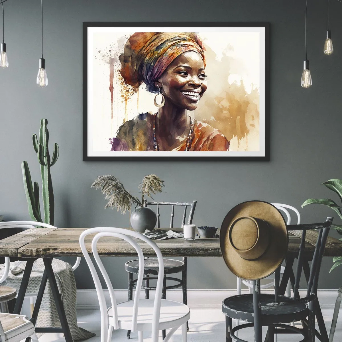 Poster in einem schwarzem Rahmen - Porträt einer lächelnden Frau mit buntem Schal in Aquarell - 70x50cm - Afrikanische Königin - Moderne Wanddekoration für Wohnzimmer und Schlafzimmer ARTTOR