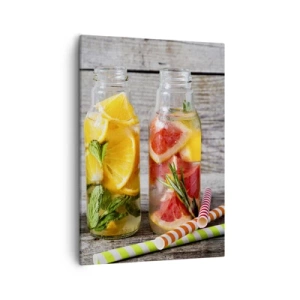 Bild auf Leinwand - Leinwandbild - Flaschen mit Fruchtwasser und Kräutern auf einem hölzernen Hintergrund - 50x70cm - Von Natur aus gesund - Moderne Wanddekoration für Wohnzimmer und Schlafzimmer ARTTOR
