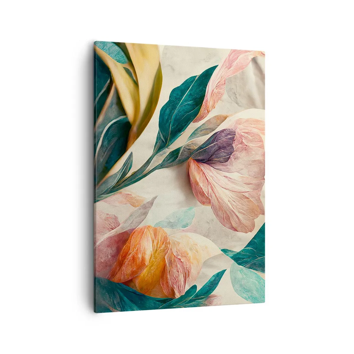 Bild auf Leinwand - Leinwandbild - Bunte Blumen im tropischen Stil auf hellem Hintergrund - 50x70cm - Blumen der südlichen Inseln - Moderne Wanddekoration für Wohnzimmer und Schlafzimmer ARTTOR