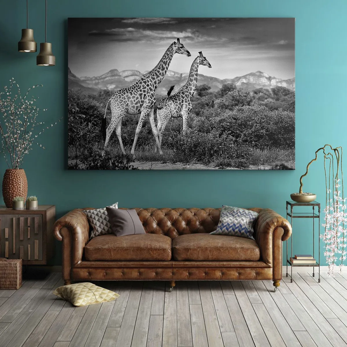 Bild auf Leinwand - Leinwandbild - Schwarz-weiße Silhouetten zweier Giraffen in der Savanne - 100x70cm - Hohe Sphären in Afrika - Moderne Wanddekoration für Wohnzimmer und Schlafzimmer ARTTOR